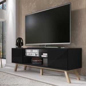 MÖBEL TV / WOHNZIMMER MÖBEL - VERO HOLZ - 150 CM - MATT SCHWARZ / HELLSCHWARZ - SCANDI STIL - ÖLBUCHE FÜSSE